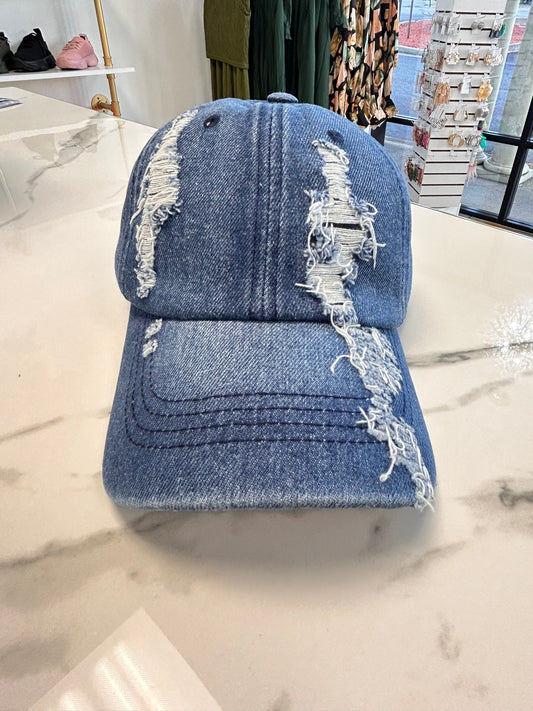 Distressed Denim Hat-Dark Blue